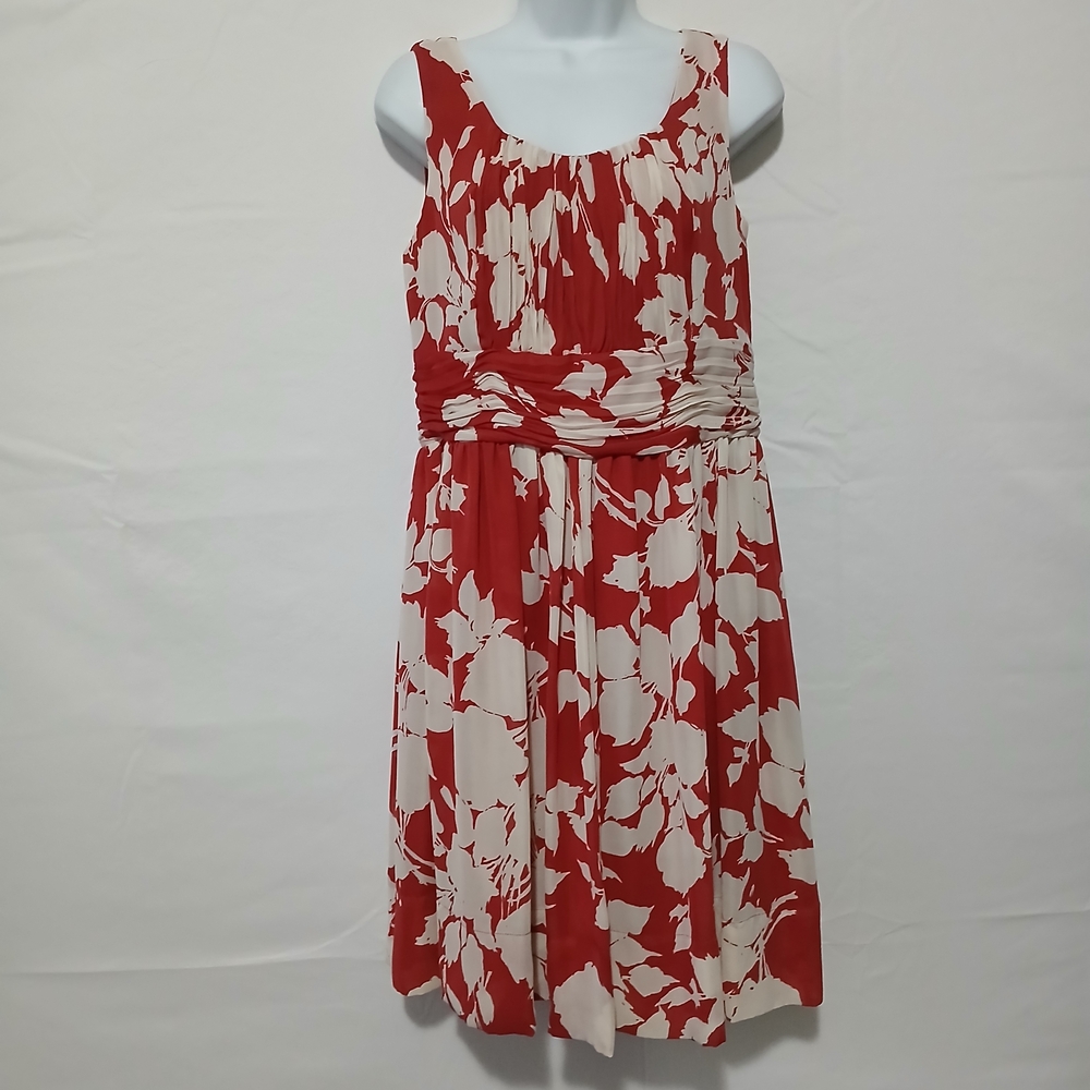 Talbots Brown Cream Dress Sleeveless Elegant Floral Pleats Empire Waist Party